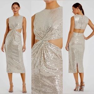 NEW NWT $398 Ieena for Mac Duggal Silver Nude Sequin Cutout Midi Dress #20722